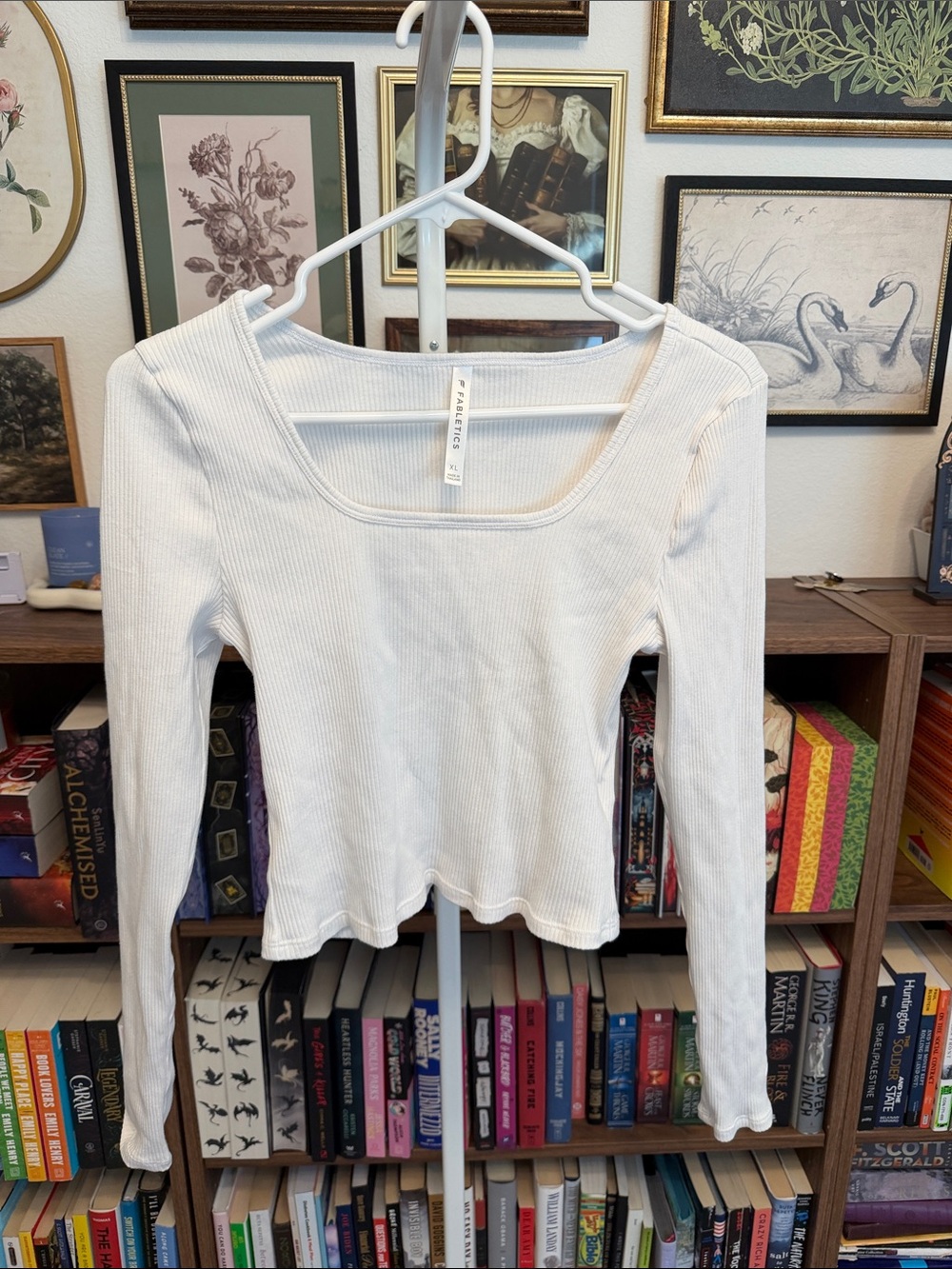 Fabletics - White Ribbed Square-Neck Long Sleeve Top
